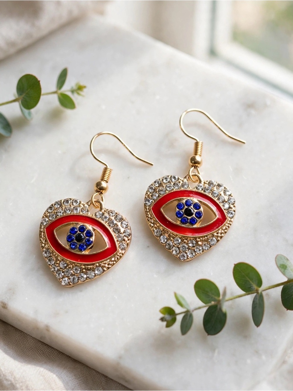 NWOT Gold Heart Evil Eye Drop Earrings with Red and Blue Accents